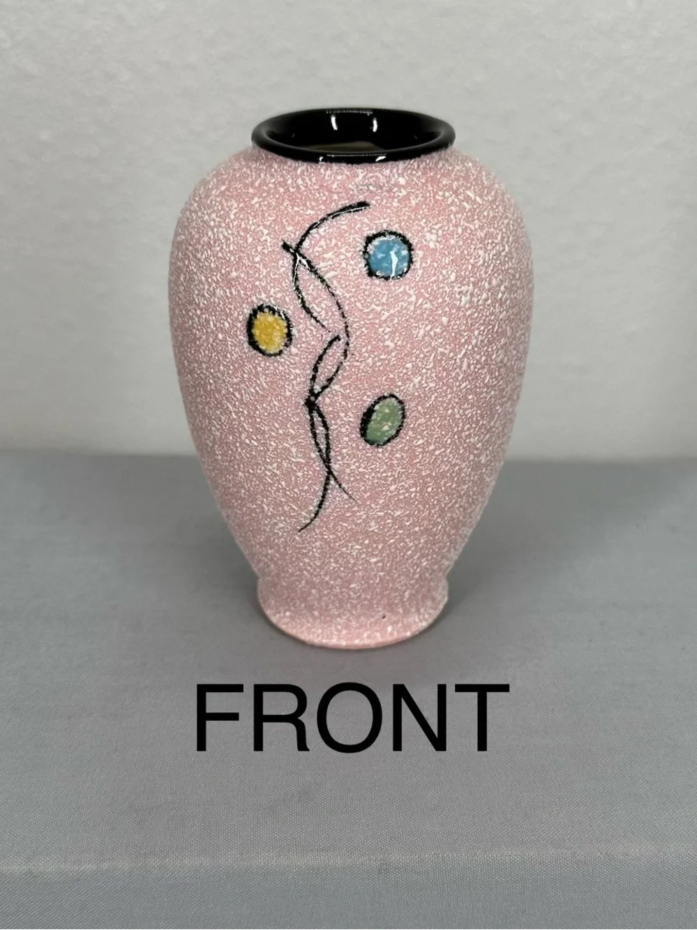Japan Pink Speckled Abstract Art Bud Vase w/ Black Rim, Printed Backstamp